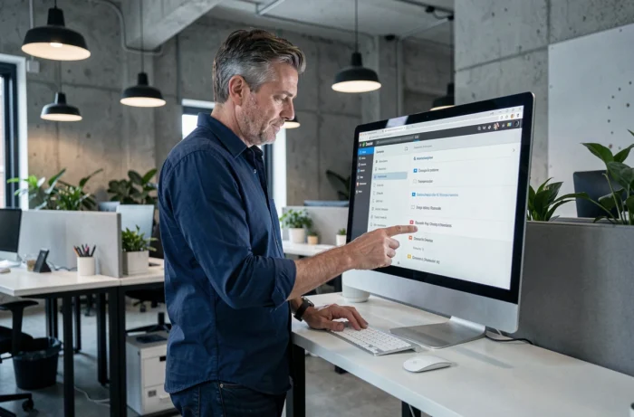 Homme naviguant dans la structure d'un site d'annonces classées sur un grand écran dans un espace de coworking moderne