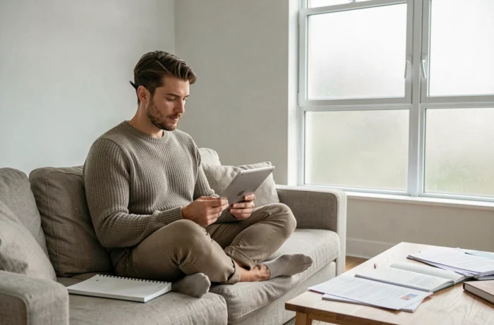 Homme en train de lire et planifier le contenu de son blog amateur sur une tablette dans un appartement moderne
