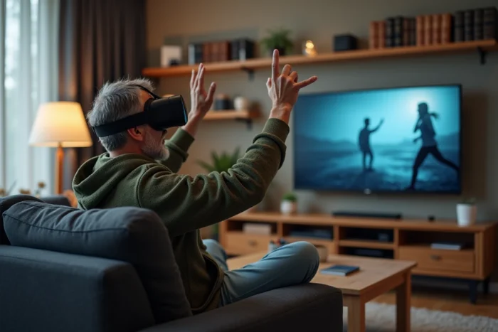 Homme adulte immergé dans la réalité virtuelle avec un casque VR autonome dans un salon moderne