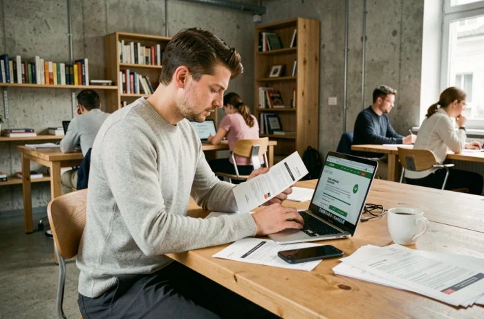 Un homme recherche un emploi en Suisse via une agence de placement dans un espace de coworking moderne