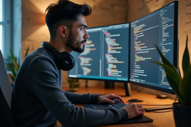 Homme passionné de high-tech travaillant sur un setup gaming et informatique moderne dans un bureau contemporain
