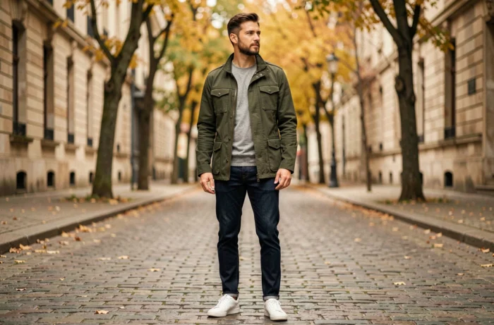 Homme stylé en veste utilitaire verte et jean indigo posant dans une rue pavée européenne aux couleurs automnales