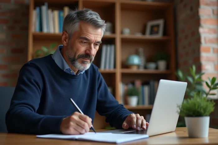 Homme en télétravail suivant une formation en ligne via un LMS depuis son bureau à domicile