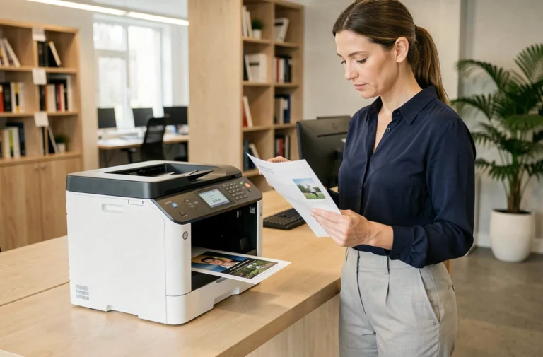 Femme professionnelle utilisant l'imprimante multifonction HP Color LaserJet Pro MFP M281fdw dans un bureau moderne