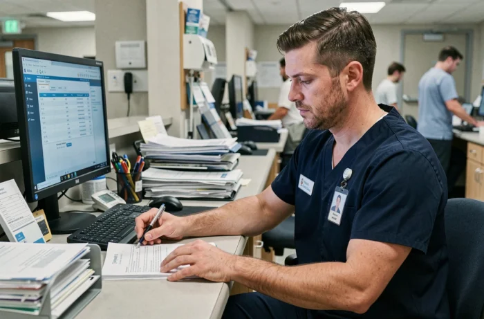 Infirmier assis au poste de soins complétant des documents administratifs, symbolisant la charge de travail et le manque de reconnaissance de la profession infirmière