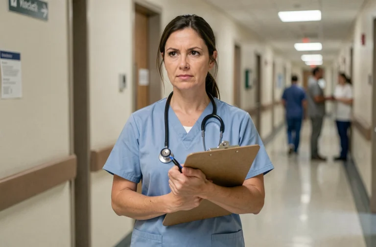 Infirmière tenant un clipboard dans un couloir d'hôpital avec une expression déterminée, illustrant l'engagement de la profession infirmière