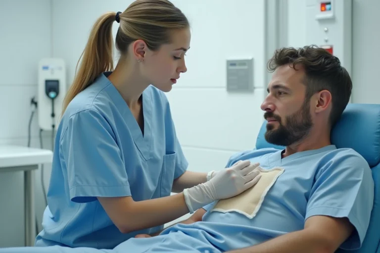 Infirmière inspectant un pansement post-chirurgical pour prévenir un sérome sur un patient en consultation