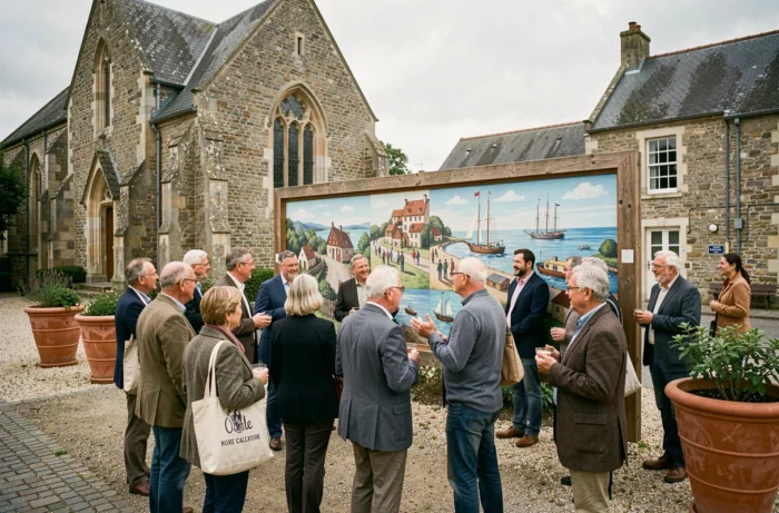 Groupe de visiteurs découvrant une fresque murale lors d'une initiative culturelle en Normandie