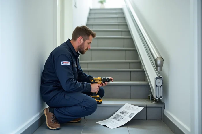 Technicien en train d'installer un monte-escalier dans un appartement moderne
