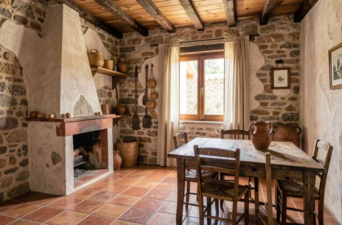 Intérieur restauré d'une maison de pêcheur au Portugal avec pierres apparentes, poutres en bois et carrelage en terre cuite d'origine