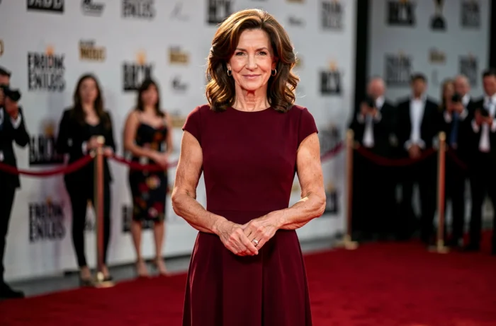 Actrice hollywoodienne en robe bordeaux élégante sur un tapis rouge lors d'une grande cérémonie à Los Angeles