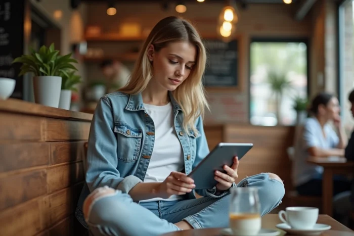 Jeune femme explorant le plan du site Masca Online sur une tablette dans un café urbain