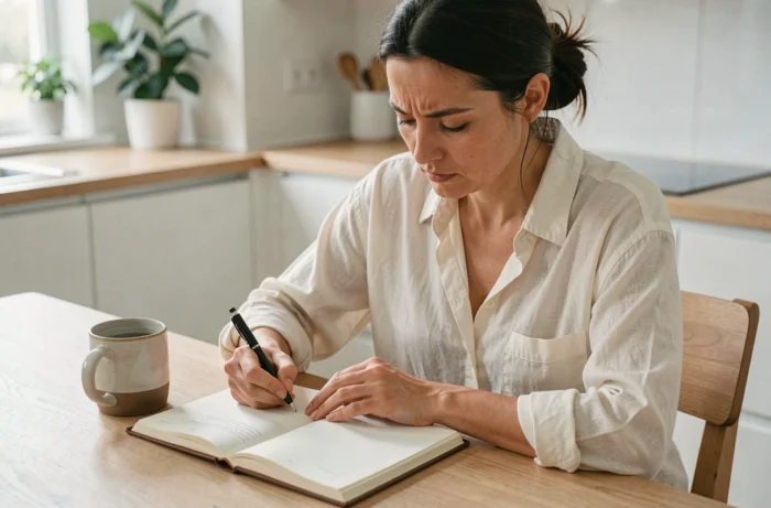 Femme écrivant dans un journal intime à la maison, pratique de la thérapie par l'écriture et la réflexion émotionnelle
