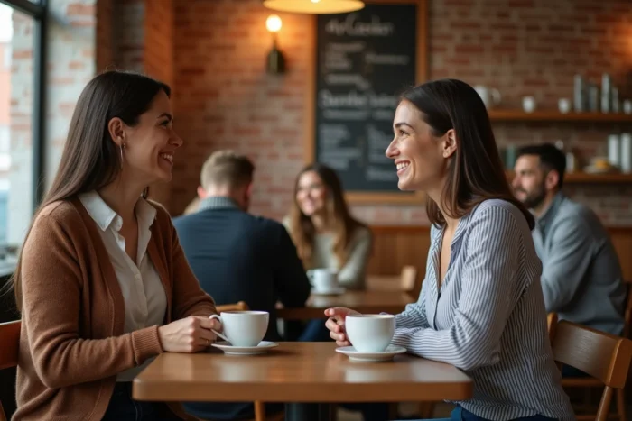 Deux femmes souriantes assises face à face dans un café chaleureux partageant une conversation authentique autour d'un café, illustrant l'importance du lien social régulier et choisi