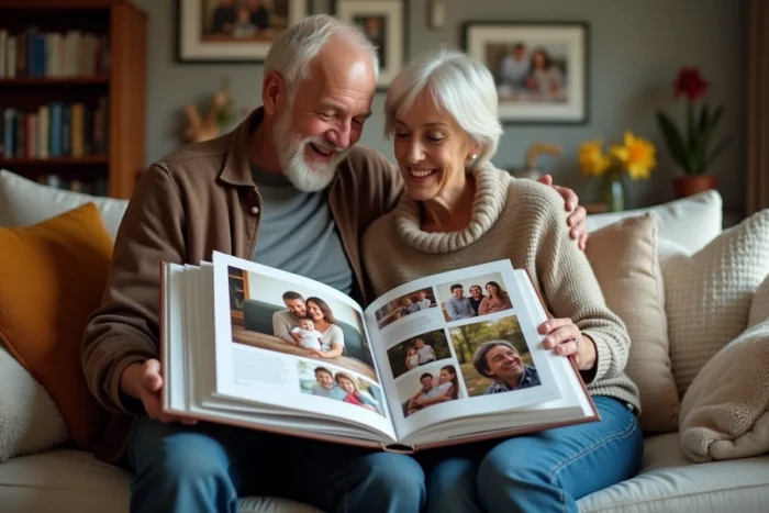 Couple feuilletant un livre photo collaboratif réalisé par leurs proches pour leurs 25 ans de mariage