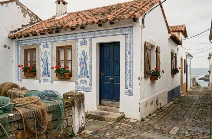 Maison de pêcheur traditionnelle au Portugal avec façade blanchie, azulejos bleus et filets de pêche dans une ruelle côtière pavée
