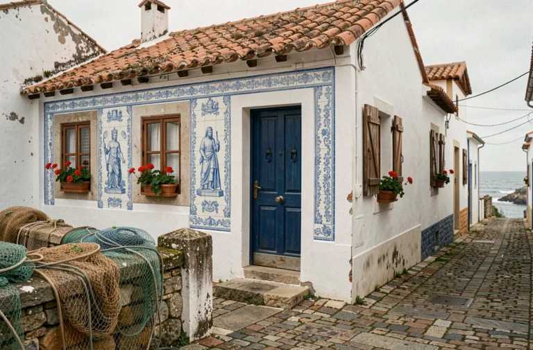 Maison de pêcheur traditionnelle au Portugal avec façade blanchie, azulejos bleus et filets de pêche dans une ruelle côtière pavée