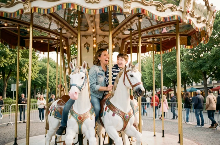 Mère et fils riant sur un manège traditionnel dans un parc d'attractions parisien
