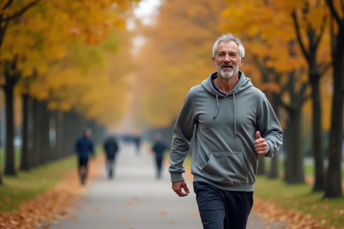 Homme en tenue de sport marchant d'un pas rapide sur une allée de parc bordée d'arbres en automne, illustrant la pratique de la marche rapide comme alternative à la course
