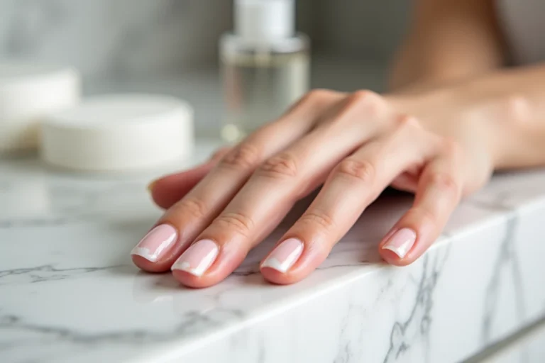 Gros plan sur des ongles avec des marques blanches visibles sous un vernis rose nacré, posés sur un marbre blanc
