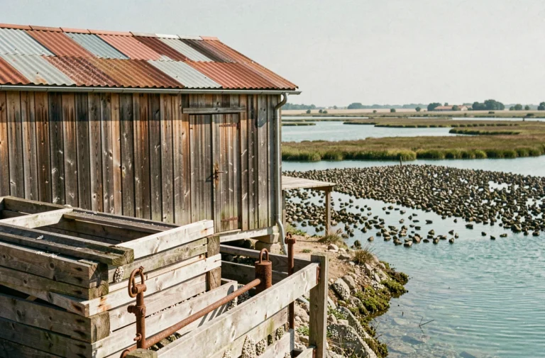 Mas ostréicole traditionnel au bord d'une lagune méditerranéenne avec structures en bois vieilli et parcs à huîtres