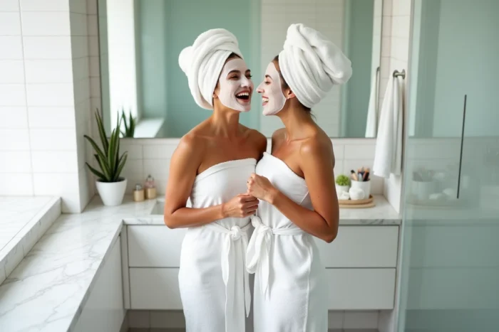 Deux femmes portant des masques de beauté et riant ensemble dans une salle de bain moderne et lumineuse