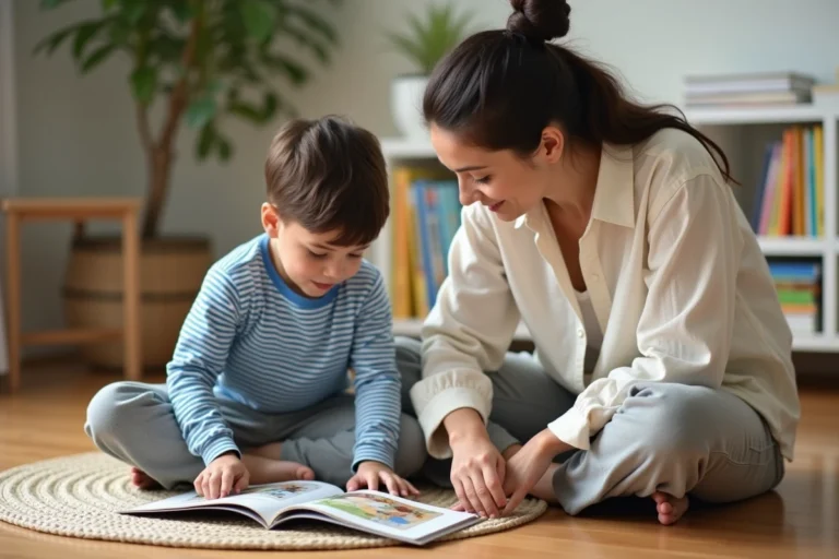 Mère et enfant lisant un livre illustré ensemble sur le sol d'un salon chaleureux, illustrant l'accompagnement éducatif à la maison