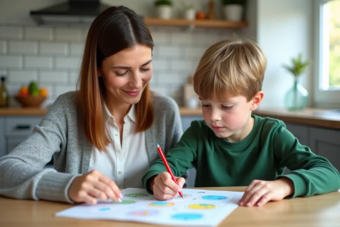 Mère accompagnant son fils dans ses devoirs à la table de la cuisine, illustrant les astuces pour soutenir l'éducation des enfants au quotidien