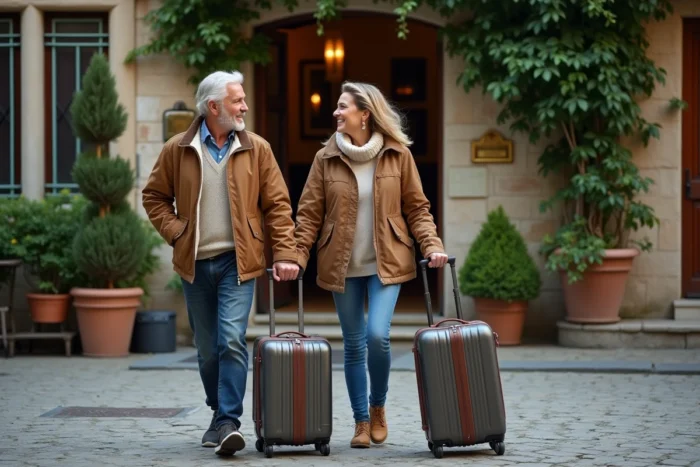 Couple arrivant dans un boutique-hôtel pour un micro-voyage de 24 heures en amoureux