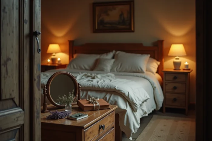 Miroir rond tombé sur une commode ancienne dans une chambre rustique, ambiance spirituelle et mystérieuse