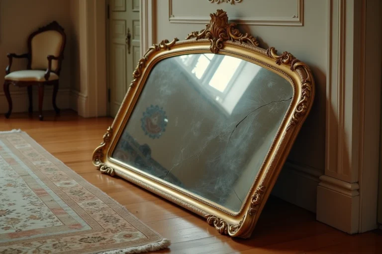 Miroir ancien tombé au sol dans un salon classique, symbolisant une signification spirituelle