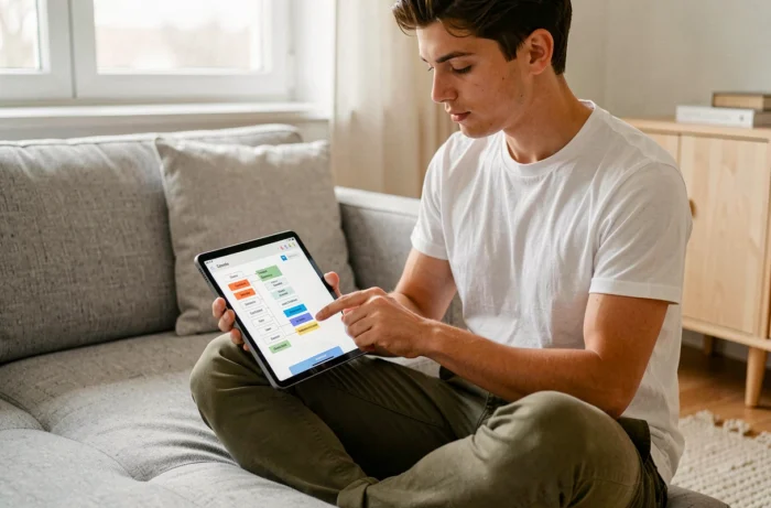 Jeune personne utilisant une tablette pour explorer le plan du site d'une plateforme d'annonces depuis un salon épuré