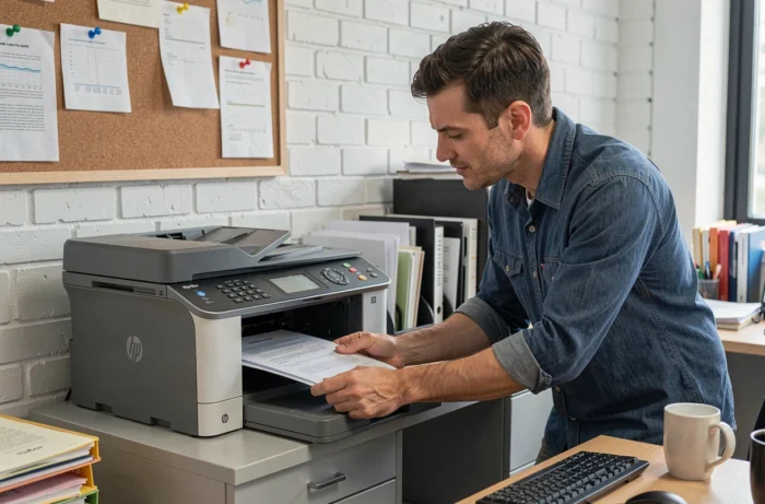 Homme numérisant un document avec l'imprimante HP Color LaserJet Pro MFP M281fdw dans une petite entreprise