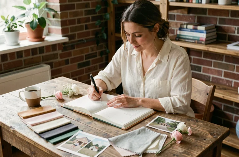 Femme organisant son mariage avec un carnet de planification ouvert et des échantillons de tissu sur un bureau en bois rustique