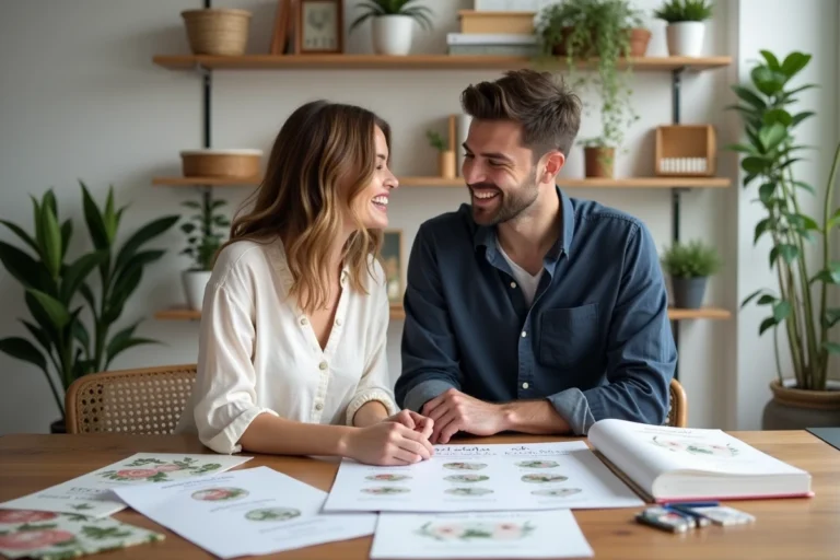 Couple de futurs mariés organisant leur mariage ensemble autour d'une table avec cahiers et échantillons floraux
