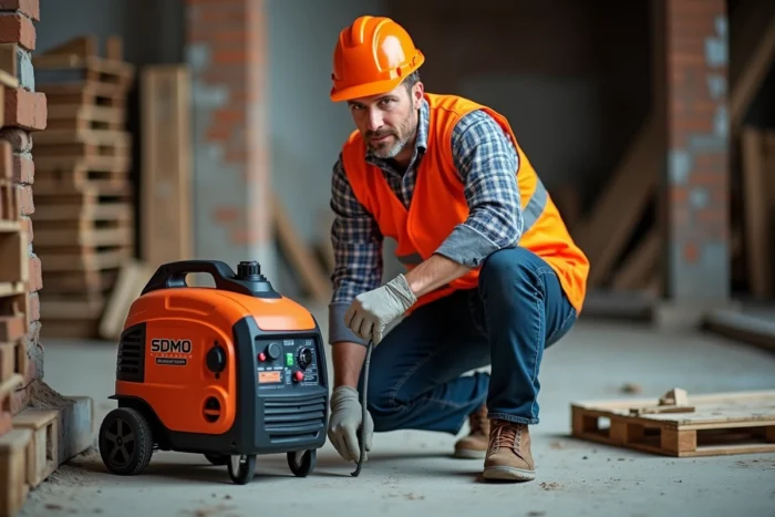 Ouvrier en gilet de sécurité orange branchant un outil électrique sur un groupe électrogène SDMO Phoenix 3000 sur un chantier urbain