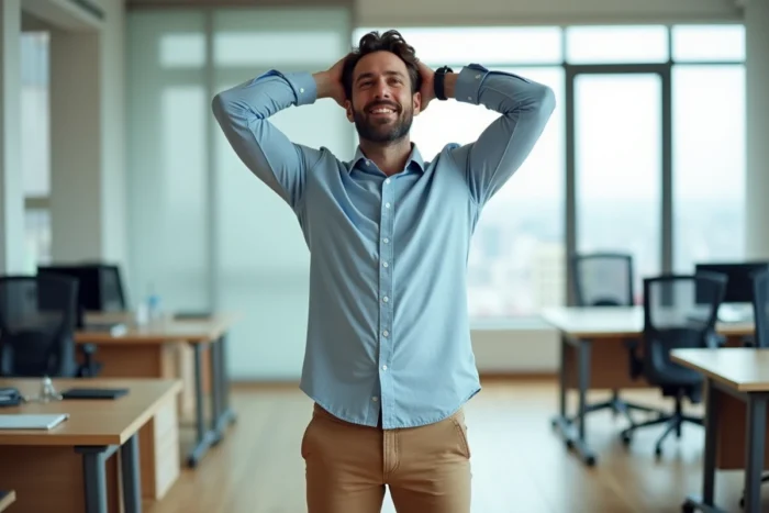 Homme en tenue de bureau debout près de son bureau en train de s'étirer les bras au-dessus de la tête, illustrant la pause mouvement toutes les trente minutes au travail