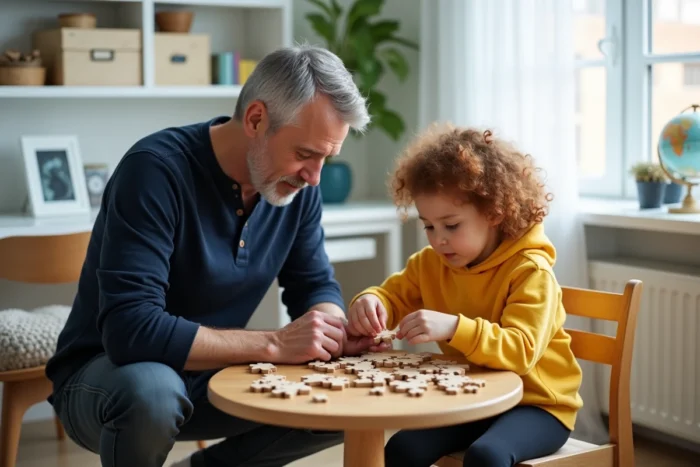 Père aidant sa fille à assembler un puzzle en bois sur une table, symbolisant le soutien parental dans le développement cognitif de l'enfant