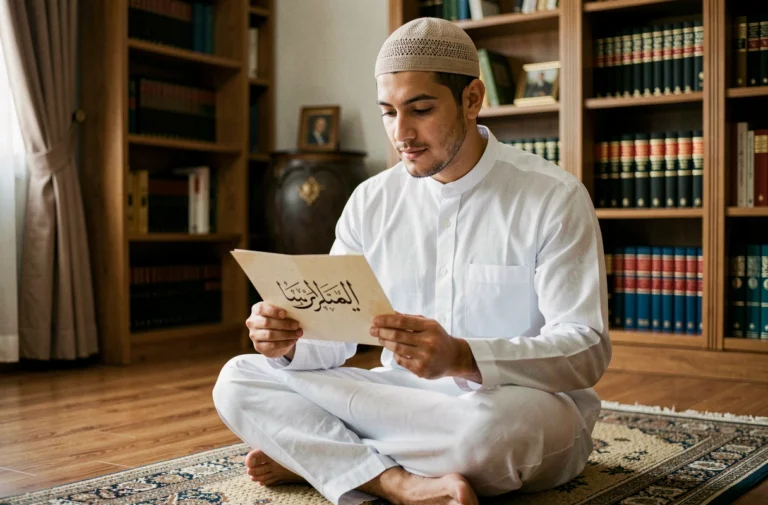 Père musulman tenant une carte de calligraphie arabe avec des prénoms rares pour garçons