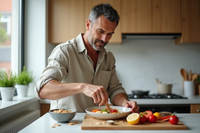 Homme préparant un petit-déjeuner sain avec des fruits frais dans une cuisine moderne pour une alimentation équilibrée et un meilleur bien-être