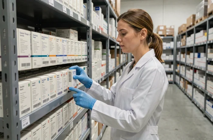 Pharmacienne scannant des médicaments dans un entrepôt logistique pharmaceutique organisé