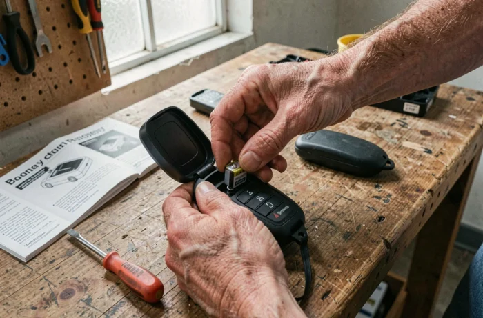 Mains remplaçant la pile d'une télécommande de portail ouverte sur un établi lors d'une procédure de synchronisation