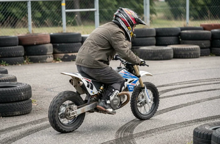 Pilote en pleine action sur un pit bike supermoto en virage sur circuit, équipement de protection complet