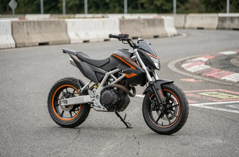 Pit bike supermoto vue de côté sur une piste asphaltée, carénage noir et orange avec détails moteur visibles
