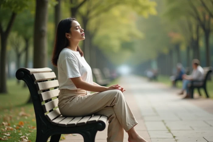 Femme assise seule sur un banc de parc les yeux fermés dans un moment de silence intentionnel en pleine journée, illustrant les plages de silence pour le bien-être mental