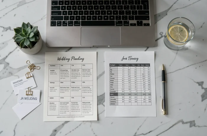 Vue de dessus d'un planning de mariage imprimé avec un ordinateur portable et des cartes de prestataires sur une table en marbre blanc
