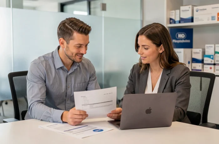 Professionnels de santé analysant des rapports de logistique pharmaceutique en réunion