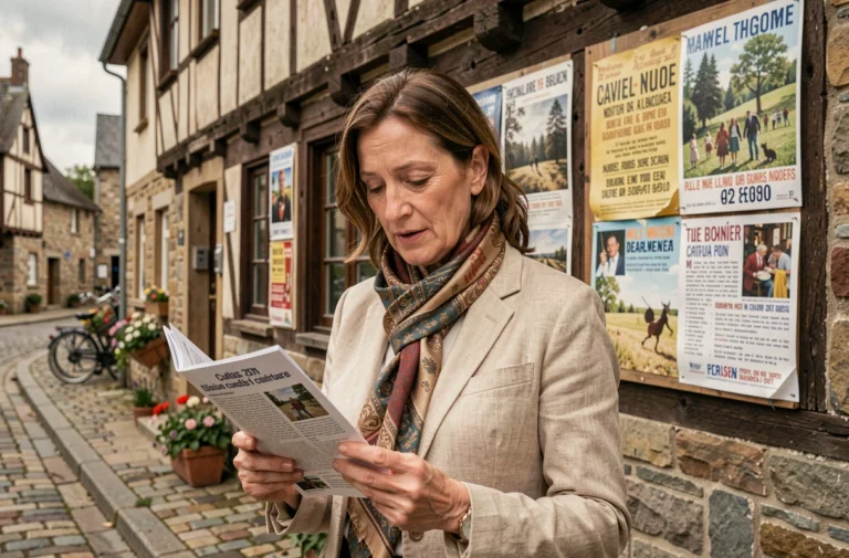 Femme parcourant un programme culturel local devant un bâtiment à colombages normand