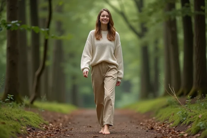 Femme marchant pieds nus sur un sentier forestier avec un sourire serein, illustrant une promenade en nature pour le bien-être mental et physique