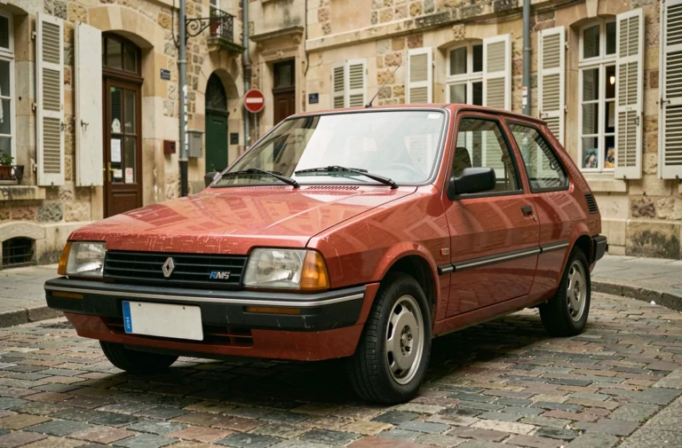 Renault Super 5 rouge des années 1980 garée sur une rue pavée d'une ville de province française, vue en trois quarts avant mettant en valeur la silhouette carrée caractéristique du modèle